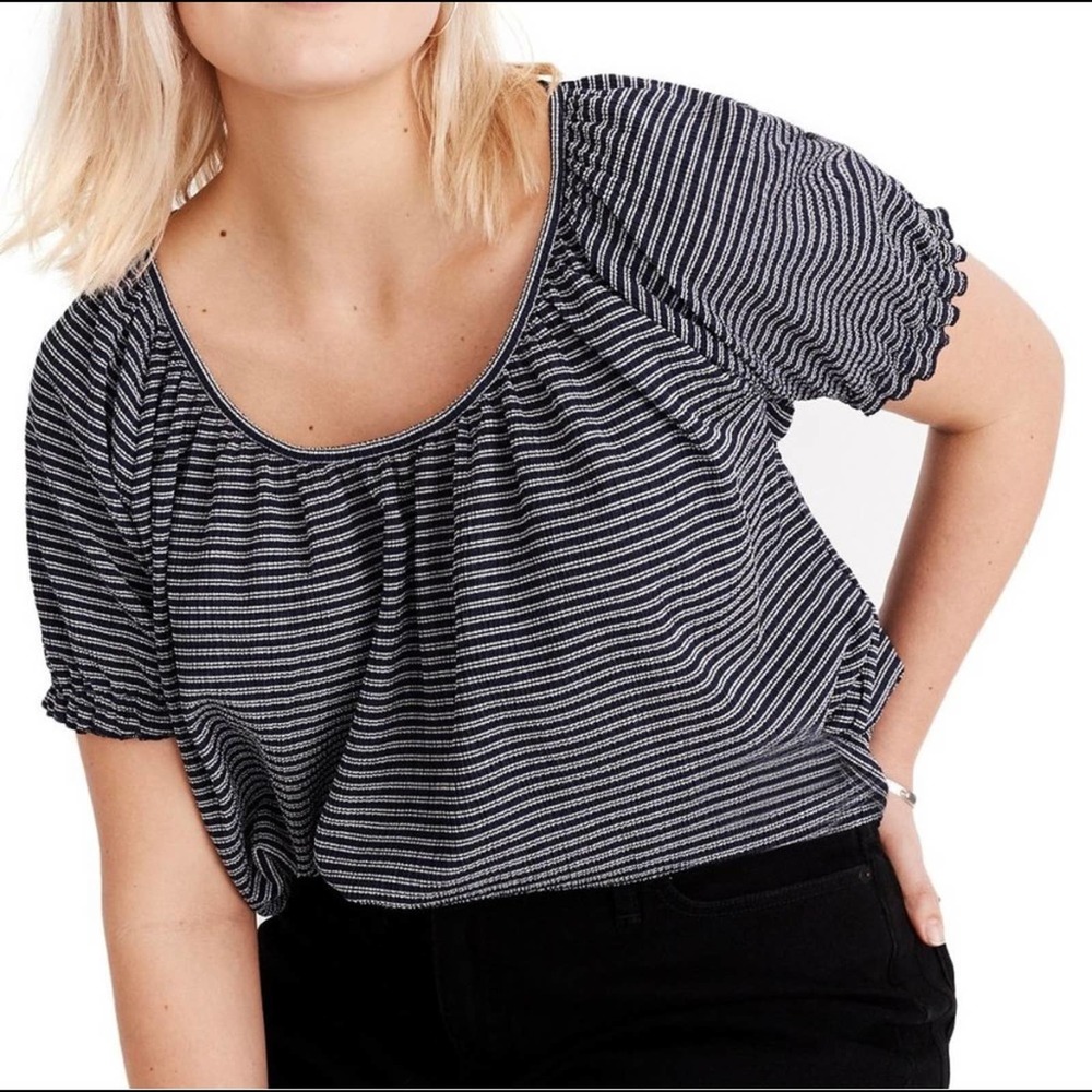 Madewell Texture & Thread Peasant Top Shirt Navy Blue Stripe XL Puff L2940